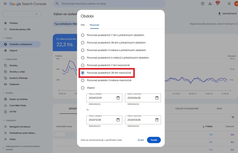 Google Search Console období meziročně